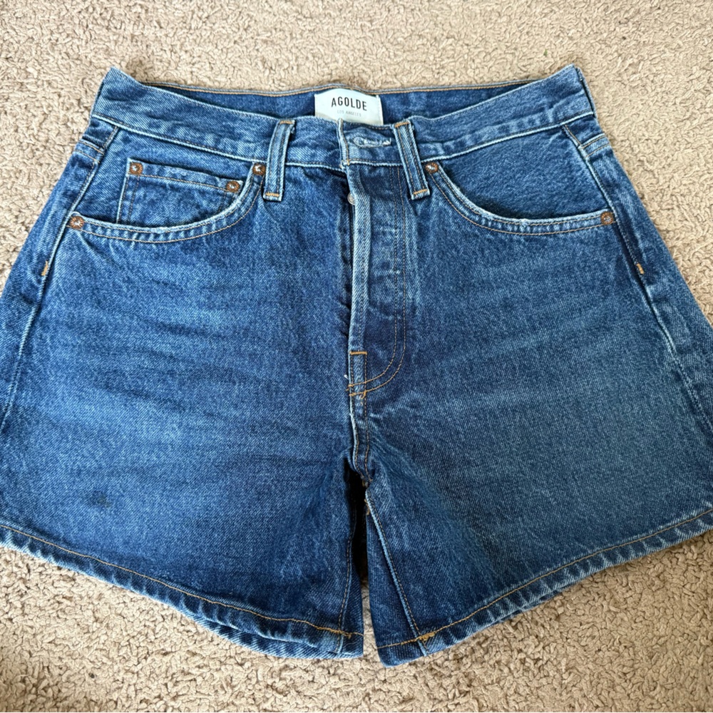 Agolde Parker Long Classic High-Rise Denim Shorts in Medium Blue